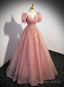 Pink Sweetheart Tulle Short Sleeves Prom Dress, Pink Floor Length Prom Dresses