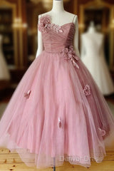 Pink Sweetheart Tulle Tea Length Prom Dresses Bridesmaid Dresses