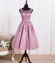 Pink Tea Length School Homecoming Dresses, Applique Pearls Short Prom Dresses, Pink Party Dresses