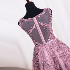 Pink Tea Length School Homecoming Dresses, Applique Pearls Short Prom Dresses, Pink Party Dresses