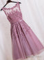 Pink Tea Length School Homecoming Dress, Applique Pearls Short Prom Dress, Pink Prom Dresses