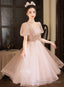 Pink Tea Length Tulle Short Sleeves Prom Dress, Pink Tulle Homecoming Dress Prom Dresses