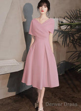 Pink Tea Length Wedding Party Dresses, Pink Bridesmaid Dresses