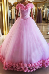Pink tulle 3d flower tulle long prom gown, pink tulle evening Dresses