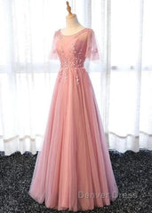 Pink Tulle A-Line Long Party Dresses Bridesmaid Dresses A Line Short Sleeves Floor Length Prom Dresses