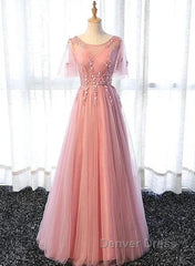 Pink Tulle A-Line Long Party Dresses Bridesmaid Dresses A Line Short Sleeves Floor Length Prom Dresses