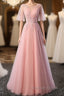 Pink Tulle A-Line Long Party Dresses Bridesmaid Dresses A Line Short Sleeves Floor Length Prom Dresses