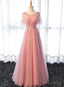 Pink Tulle A Line Long Prom Dress, Pink Bridesmaid Dresses
