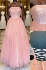 Pink tulle A-line long prom Dresses tulle formal Dresses