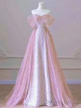 Pink Tulle And Sequins Off Shoulder Long Party Dress, Pink Beaded Chich Prom Dress