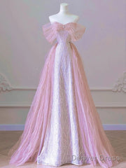 Pink Tulle And Sequins Off Shoulder Long Party Dress, Pink Beaded Chich Prom Dress