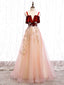 Pink Tulle and Velvet Long Lace Applique Straps Floor Length Prom Dress, A Line Long Pink Prom Dresses