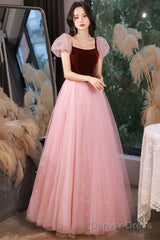 Pink Tulle And Velvet Short Sleeves Party Dress, Pink Floor Length Formal Dress