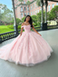 Pink Tulle Applique Long Prom Dress Quinceanera Dresses Ball Gowns