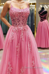 Pink Tulle Backless Lace Floral Long Prom Dresses, Pink Lace Formal Dresses, Pink Evening Dresses