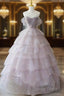 Pink Tulle Ball Gowns Layers Long Prom Dress, Pink Shiny Tulle Sweet 16 Dresses