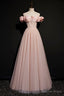 Pink Tulle Beaded Long A Line Prom Dress, Pink Off the Shoulder Prom Dresses