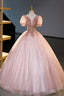 Pink Tulle Beaded Long Ball Gowns, A Line Prom Dress, Pink Sweet 16 Dresses