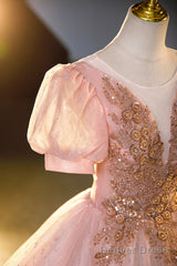 Pink Tulle Beaded Long Ball Gown, Beautiful A-Line Prom Dress, Pink Sweet 16 Dress