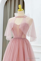 Pink Tulle Beaded Long Prom Dress, Lovely Pink Evening Dress