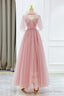 Pink Tulle Beaded Long Prom Dress, Lovely Pink Prom Dresses