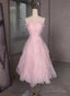 Pink Tulle Beaded Low Back Short Prom Dress, Pink Tulle Homecoming Dresses