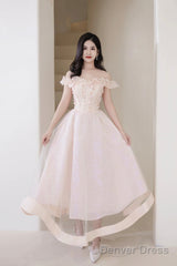 Pink Tulle Beaded Short Prom Dress, Pink Off Shoulder Evening Party Dress