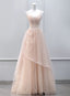 Pink Tulle Beaded Straps Long Prom Dress, A Line Pink Tulle Prom Dresses