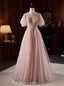 Pink Tulle Beading Backless Prom Dresses