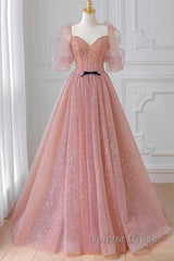 Pink Tulle Beautiful Puffy Sleeves Long Prom Dresses, Pink A-Line Evening Dresses