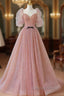 Pink Tulle Beautiful Puffy Sleeves Long Prom Dresses, Pink A-Line Evening Dresses