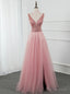 Pink Tulle Deep V Neck Backless Beading Sequins Prom Dresses