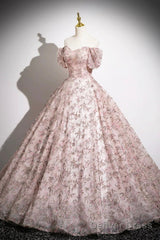 Pink Tulle Floor Length Prom Dress, Beautiful Off The Shoulder Party Dress