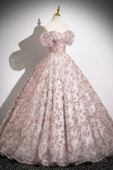 Pink Tulle Floor Length Prom Dress, Beautiful Off The Shoulder Party Dress