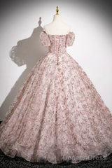 Pink Tulle Floor Length Prom Dress, Beautiful Off The Shoulder Party Dress