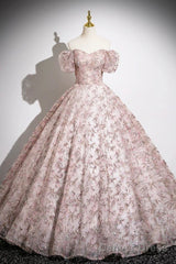 Pink Tulle Floor Length Prom Dress, Beautiful Off The Shoulder Party Dress