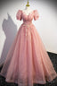 Pink Tulle Floor Length Prom Dress, Cute Short Sleeve Prom Dresses