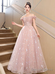 Pink Tulle Floor Length Prom Dress With Butterfly Sequins, Beautiful Off The Shoulder Evening Dress