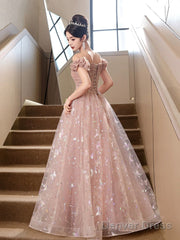 Pink Tulle Floor Length Prom Dress With Butterfly Sequins, Beautiful Off The Shoulder Evening Dress