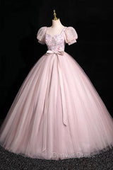 Pink Tulle Floral Floor Length Prom Dresses, A-Line Short Sleeve Evening Dresses