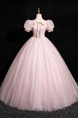 Pink Tulle Floral Floor Length Prom Dresses, A-Line Short Sleeve Evening Dresses