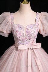 Pink Tulle Floral Floor Length Prom Dresses, A-Line Short Sleeve Evening Dresses