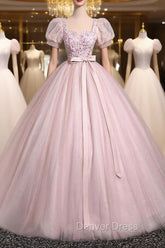 Pink Tulle Floral Floor Length Prom Dresses, A-Line Short Sleeve Evening Dresses