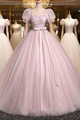 Pink Tulle Floral Floor Length Prom Dresses, A-Line Short Sleeve Evening Dresses
