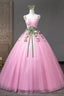 Pink Tulle Flower Long Prom Dress, Cute Spaghetti Sweet 16 Dresses