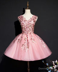 Pink Tulle Flowers Homecoming Dress, Short Pink Teen Formal Dress