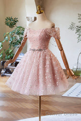 Pink Tulle Knee Length Party Dress, A-Line Off The Shoulder Evening Dress