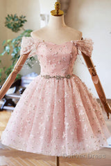 Pink Tulle Knee Length Party Dress, A-Line Off The Shoulder Evening Dress