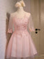 Pink Tulle Lace 3 4 Sleeve Homecoming Dresses