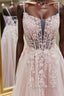 Pink tulle lace A Line long prom Dress, pink lace Prom Dresses